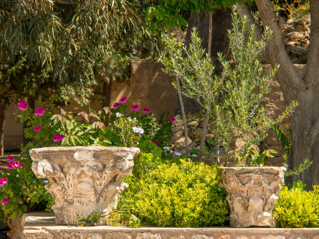 Giardino mediterraneo con due vasi decorativi