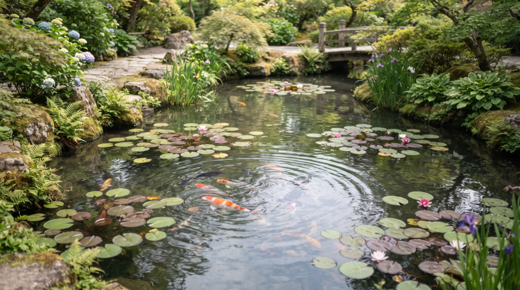 Laghetto ornamentale con carpe koi in primo piano